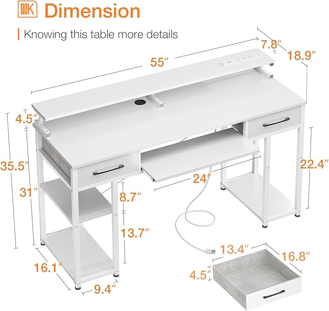 ODK Computer Desk with Drawers & Power Outlet, 55 Inch Office Desk with Keyboard Tray & Storage Shelves & PC Stand, Office Table Work Desk with Monitor Stand, White - LeafyLoom