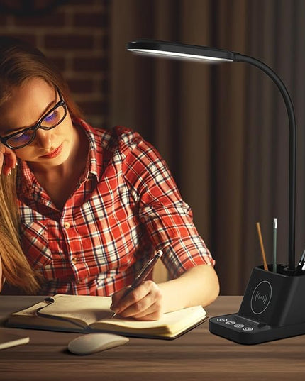 College Dorm Room Essentials Desk Lamp for Girls/Guys/Teens, Small Desk Lights with Wireless Charger, LED Black Reading Lamps for Home Office, Pen Holder, Kids Study Lamp with Storage - LeafyLoom