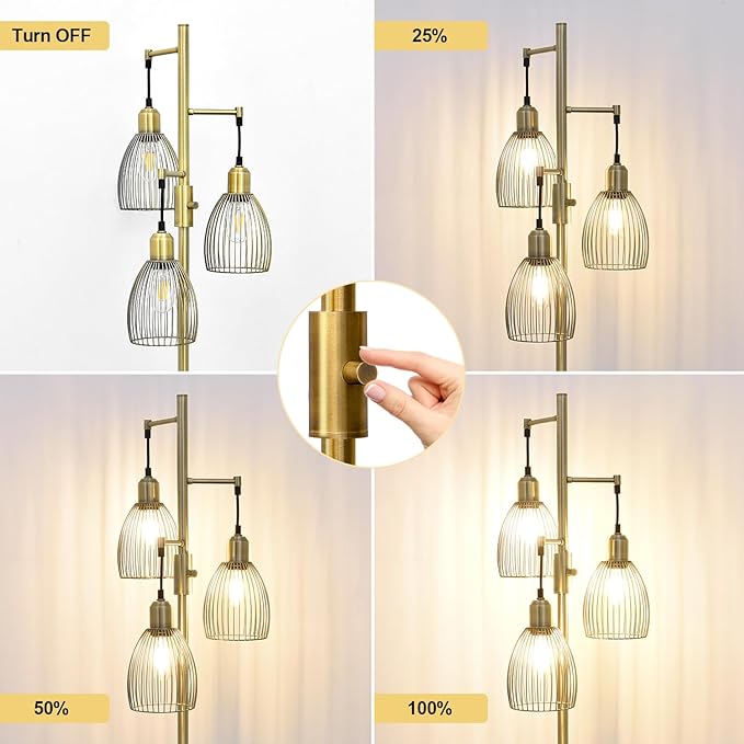 Dimmable Floor Lamp, 3 x 800LM LED Edison Bulbs Included, Farmhouse Industrial Floor Lamp Standing Tree Lamp with Elegant Teardrop Cage Tall Lamps for Living Room Bedroom Office Dining Room-Brass - LeafyLoom