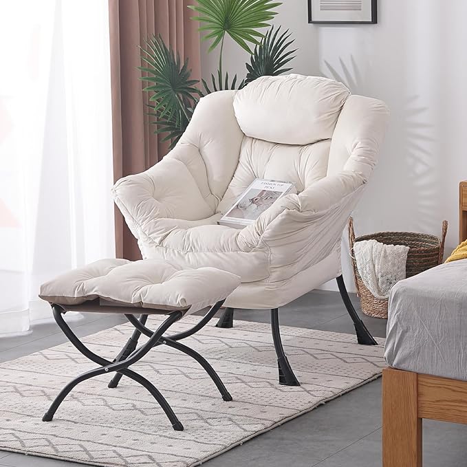 Welnow Lazy Chair with Ottoman, Modern Lounge Accent Armrests and a Side Pocket, Leisure Upholstered Sofa Set, Reading Footrest for Small Space, Corner Chair, Beige - LeafyLoom