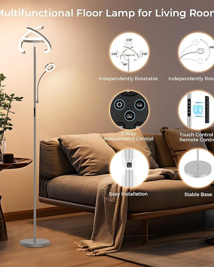 FIMEI 3 in 1 Floor Lamp, Modern Bright Standing Lamp with Split Rotatable Outer Ring Light and Small Reading Light, 4 Color and Dimmable, 3-Way Independent Control for Living Room Office, Gray - LeafyLoom