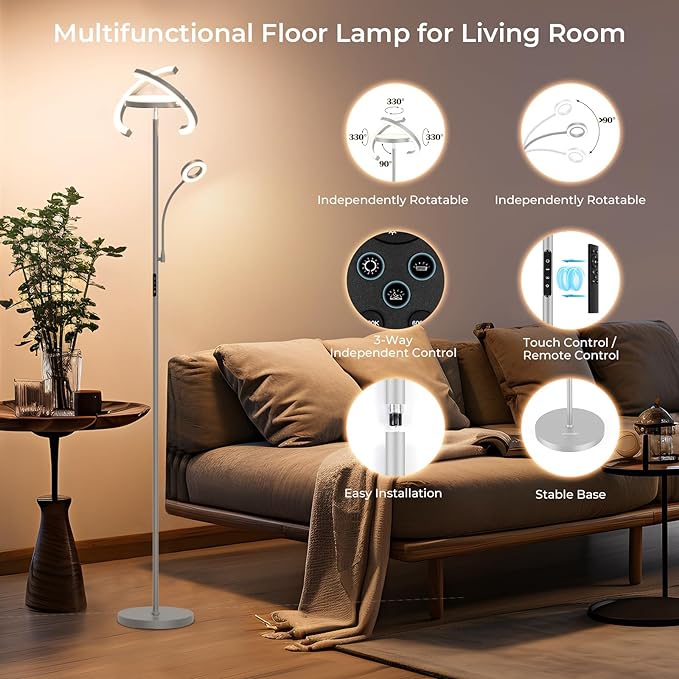 FIMEI 3 in 1 Floor Lamp, Modern Bright Standing Lamp with Split Rotatable Outer Ring Light and Small Reading Light, 4 Color and Dimmable, 3-Way Independent Control for Living Room Office, Gray - LeafyLoom