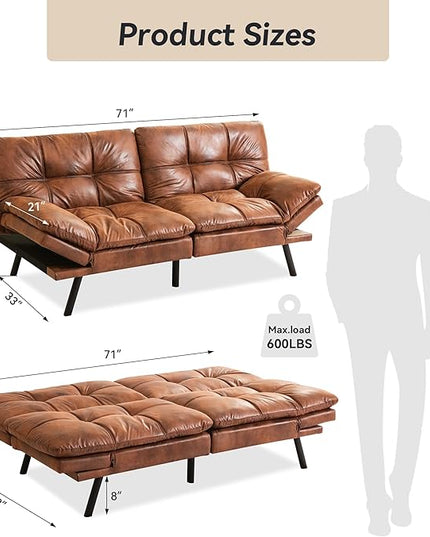 Memory Foam Faux Leather Futon Sofa Bed Couch,Convertible Futon Sofa Couch,Loveseat Sleeper Sofa Bed,Small Splitback Modern Sofa Bed for Living Room,Office,Apartment,Brown - LeafyLoom