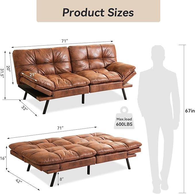 Memory Foam Faux Leather Futon Sofa Bed Couch,Convertible Futon Sofa Couch,Loveseat Sleeper Sofa Bed,Small Splitback Modern Sofa Bed for Living Room,Office,Apartment,Brown - LeafyLoom