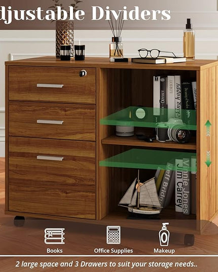 Maxtown Wood Filing Cabinet, Mobile Lateral Filing Cabinet with Lock, 3 Drawer Filing Cabinet with Open Storage Shelves, Printer Stand for Home Office, Teak - LeafyLoom