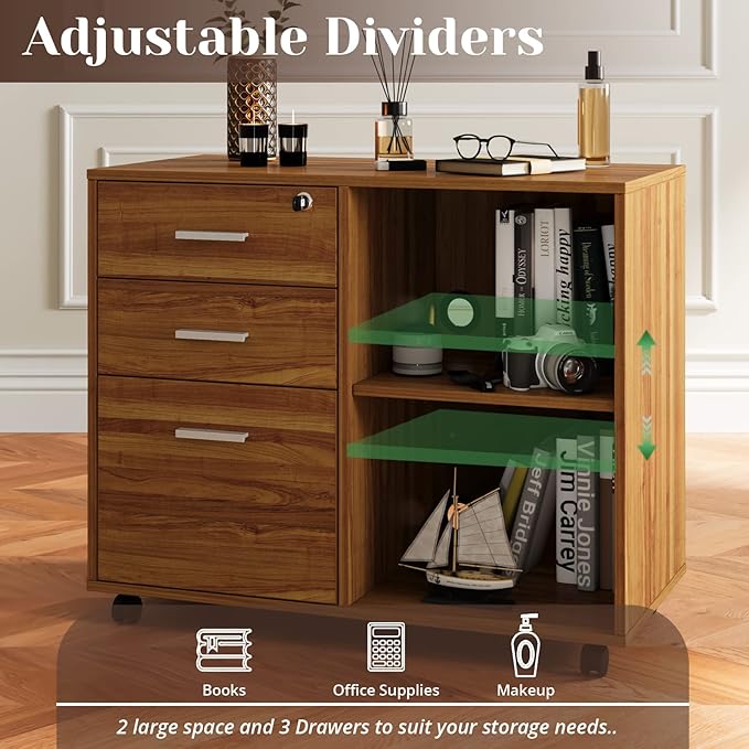 Maxtown Wood Filing Cabinet, Mobile Lateral Filing Cabinet with Lock, 3 Drawer Filing Cabinet with Open Storage Shelves, Printer Stand for Home Office, Teak - LeafyLoom