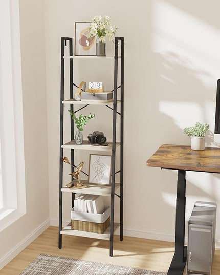 Ladder Shelf, Bookshelf Bookcase, Freestanding Corner Storage Shelve with 2 Hooks for Home Office, Living Room, Kitchen, Bedroom, Industrial, 5-Tier Greige BC19205B - LeafyLoom