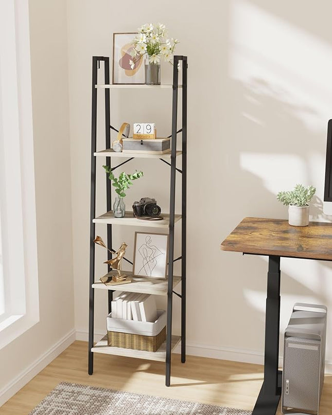 Ladder Shelf, Bookshelf Bookcase, Freestanding Corner Storage Shelve with 2 Hooks for Home Office, Living Room, Kitchen, Bedroom, Industrial, 5-Tier Greige BC19205B - LeafyLoom