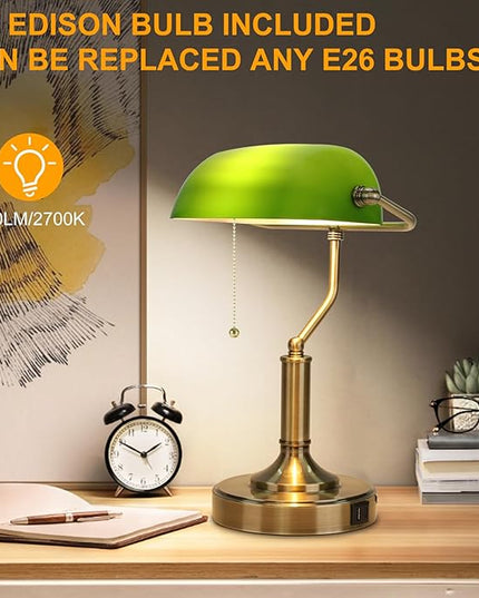 Bankers Lamp, Green Desk Lamp with Pull Chain Switch, Retro Lamp with USB and Type C Charging Ports, Vintage Lamp for Home Office, Piano, Library, LED Bulb Included (Retro) - LeafyLoom