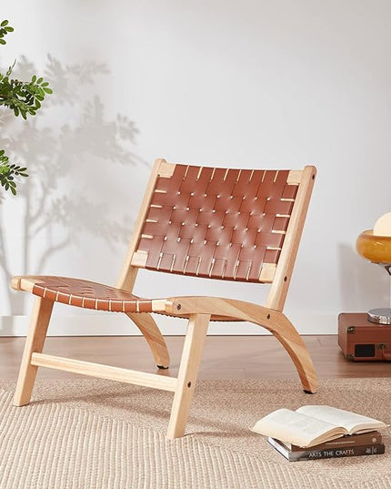 Modern Leather Accent Chairs for Living Room, Mid Century Lounge Chair, Side Brown Leather Chair Indoor Boho Scandinavian Cognac Woven Rattan Faux Leather Accent Chair - LeafyLoom