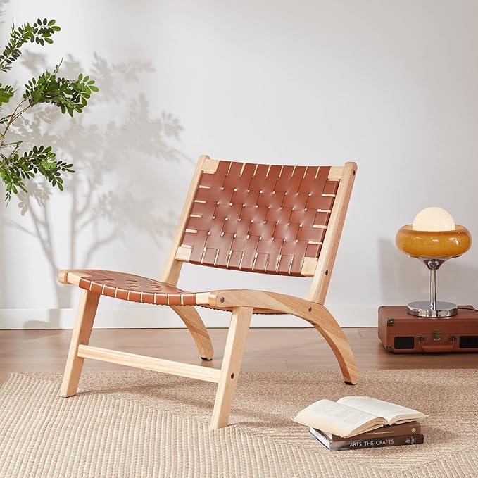 Modern Leather Accent Chairs for Living Room, Mid Century Lounge Chair, Side Brown Leather Chair Indoor Boho Scandinavian Cognac Woven Rattan Faux Leather Accent Chair - LeafyLoom