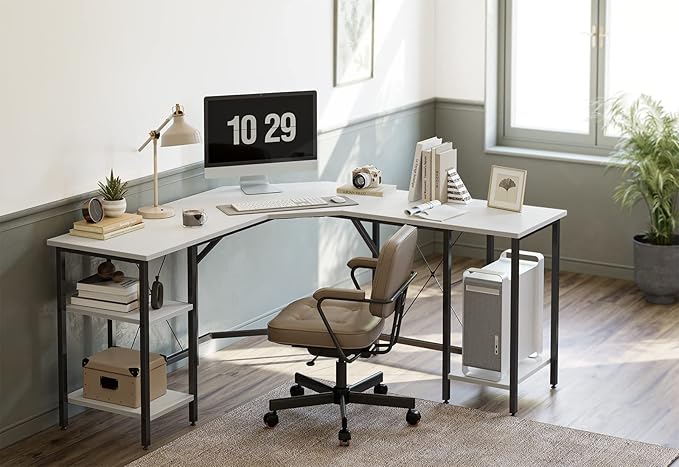 CubiCubi L Shaped Desk, 59.1 inch Computer Corner Desk with 2 Storage Shelves, Home Office Desk for Writing Gaming Study, White - LeafyLoom