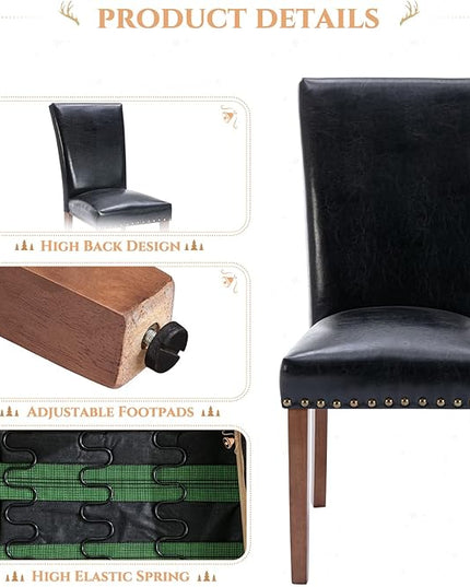 Parsons Dining Chairs Set of 4, Upholstered Nailhead PU Leather Dining Room Kitchen Side Chair with Thick Cushions and Wood Legs, Black - LeafyLoom