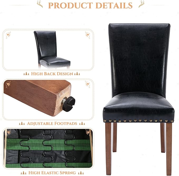 Parsons Dining Chairs Set of 4, Upholstered Nailhead PU Leather Dining Room Kitchen Side Chair with Thick Cushions and Wood Legs, Black - LeafyLoom
