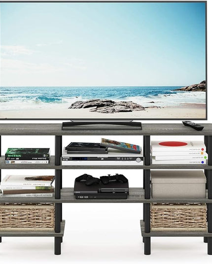 Furinno Turn-N-Tube 4-Tier Multipurpose Wide Shelf TV Stand, French Oak Grey/Black - LeafyLoom