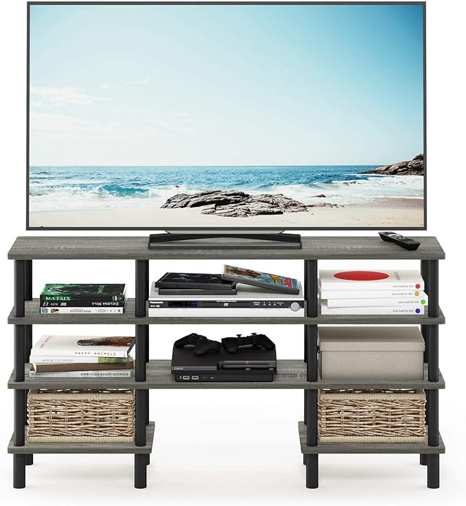 Furinno Turn-N-Tube 4-Tier Multipurpose Wide Shelf TV Stand, French Oak Grey/Black - LeafyLoom