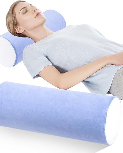 Neck Roll Pillow for Sleeping - Memory Foam Neck Roll Pillow for Neck & Leg Support - Multifunctional Bolster Pillow for Bed, Couch, Yoga, Office, and Travel, 16x6.3 Inch (Blue White) - LeafyLoom