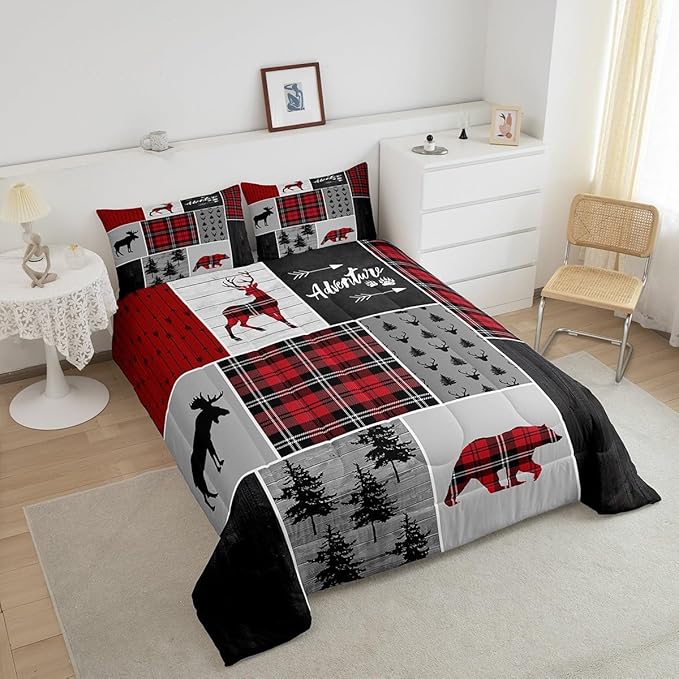 Deer Antlers Bear Kids Comforter Set Queen Size,Plaids Boho Arrows Patchwork Bedding Set for Boys Girls Adults Room Decor,Rustic Adventure Xmas Down Comforter,Red Retro Duvet Insert,2 Pillowcases - LeafyLoom