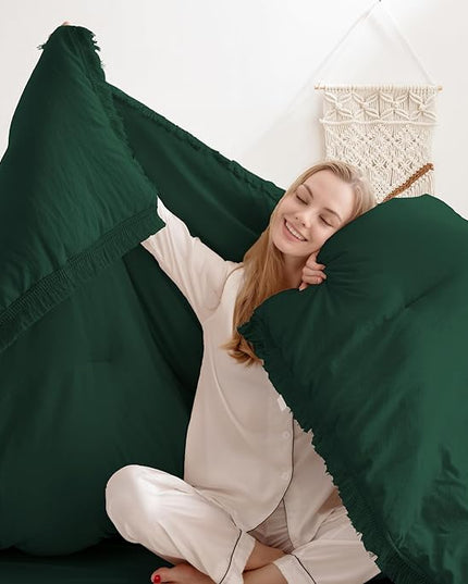 Andency Dark Emerald Green Comforter Set California King, Cal King Boho Lightweight Bedding Comforter Sets, 3 Pieces Oversized All Season Soft Tassel Bed Set (104x96In Comforter & 2 Pillowcases) - LeafyLoom