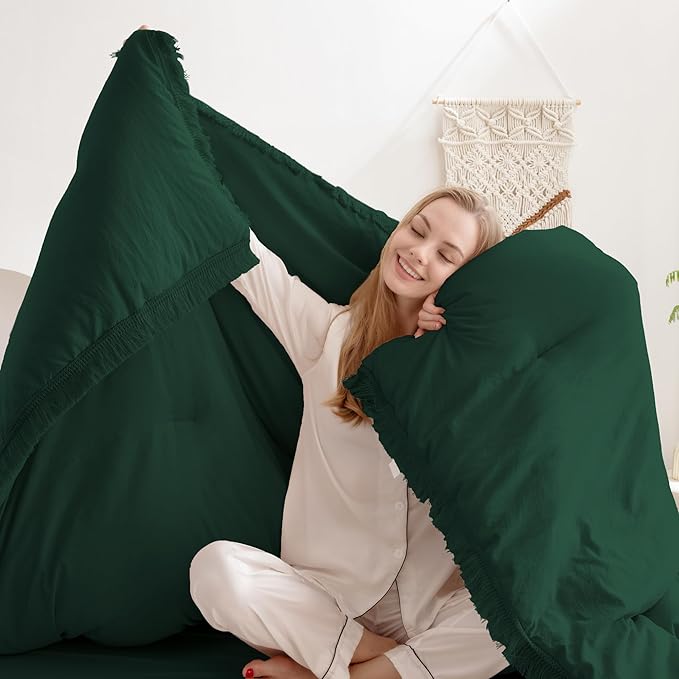 Andency Dark Emerald Green Comforter Set California King, Cal King Boho Lightweight Bedding Comforter Sets, 3 Pieces Oversized All Season Soft Tassel Bed Set (104x96In Comforter & 2 Pillowcases) - LeafyLoom
