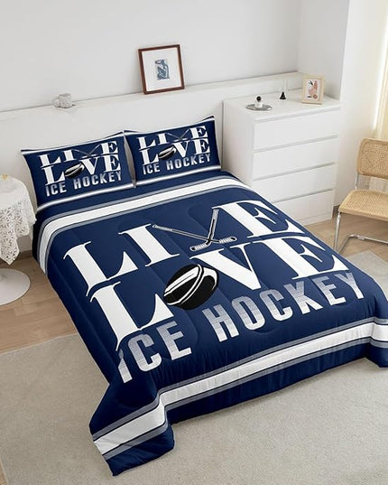 Feelyou Ice Hockey Bedding Set Queen Size Ice Sports Games Comforter Set for Kids Boys Girls Decor Hockey Player Comforter Microfiber Puck Hockey Duvet Set Bedroom Quilt Set - LeafyLoom