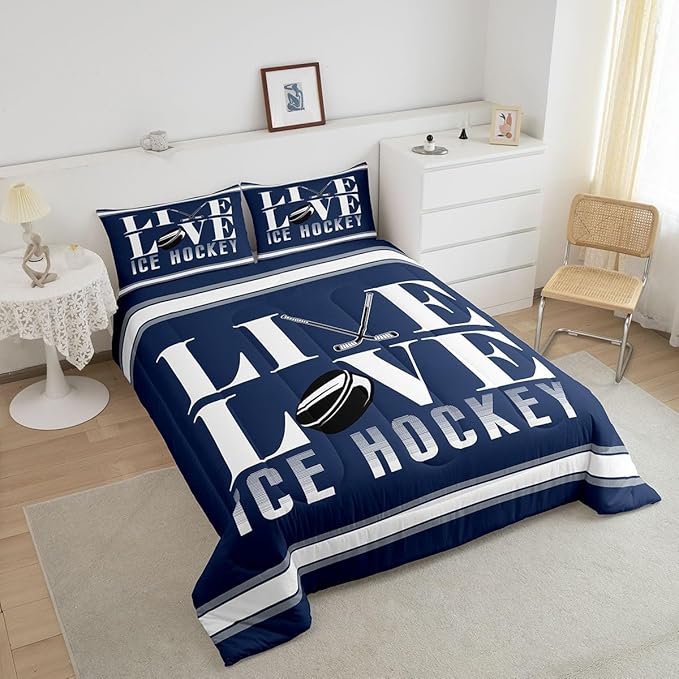 Feelyou Ice Hockey Bedding Set Queen Size Ice Sports Games Comforter Set for Kids Boys Girls Decor Hockey Player Comforter Microfiber Puck Hockey Duvet Set Bedroom Quilt Set - LeafyLoom