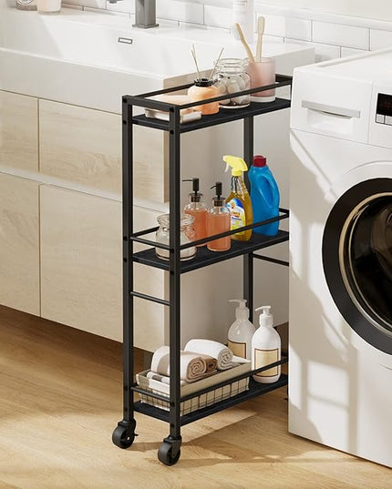 Slim Rolling Cart, Mobile Kitchen Cart on Wheels, Narrow Storage Cart for Small Space, Wooden Service Cart, for Bathroom, Laundry, Living Room, Black RCHB1501 - LeafyLoom