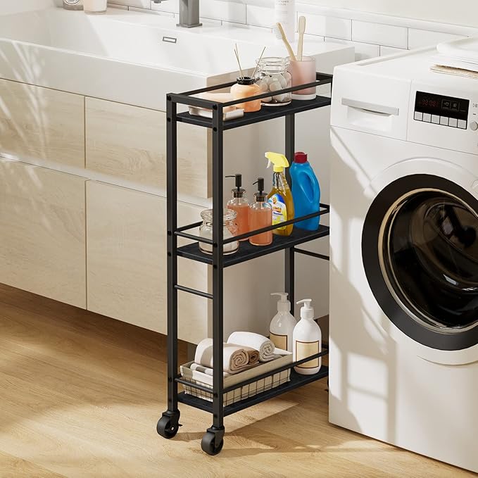 Slim Rolling Cart, Mobile Kitchen Cart on Wheels, Narrow Storage Cart for Small Space, Wooden Service Cart, for Bathroom, Laundry, Living Room, Black RCHB1501 - LeafyLoom