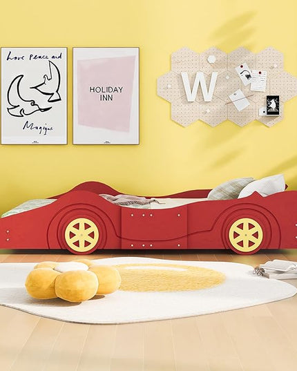 Car Shaped Toddler Bed with Wheels,Racecar Platform Beds W/Safety Guardrail,Slats Support,Stylish Design,Easy Assembly,Wood Twin Bedframe for Boys Toddlers Kids Teens Bedroom,Red - LeafyLoom