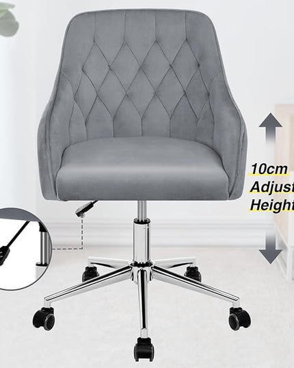 Velvet Desk Chair Vanity Chair for Makeup with Wheels and Back Home Office Chair Adjustable Rolling Swivel Chair for Bedroom Vanity Room Grey - LeafyLoom