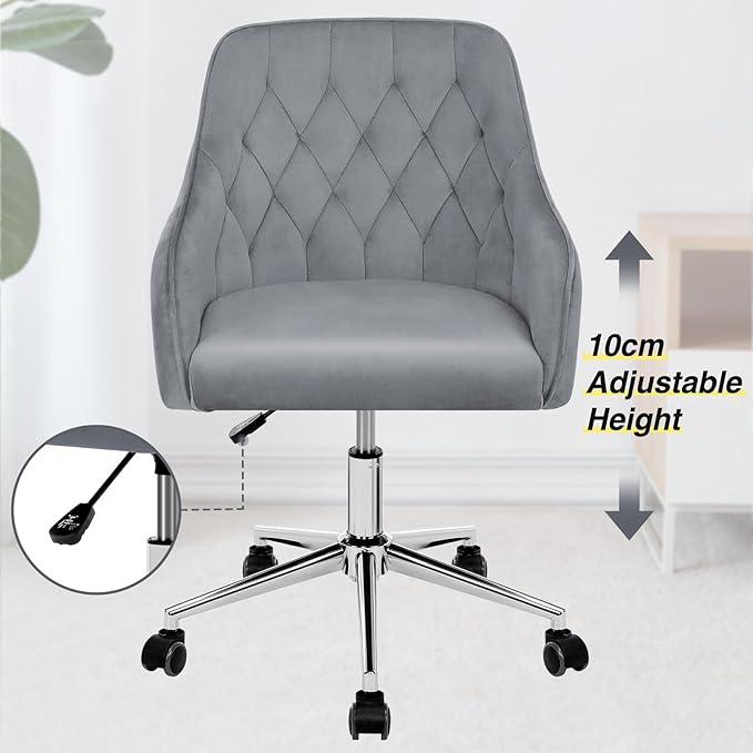 Velvet Desk Chair Vanity Chair for Makeup with Wheels and Back Home Office Chair Adjustable Rolling Swivel Chair for Bedroom Vanity Room Grey - LeafyLoom
