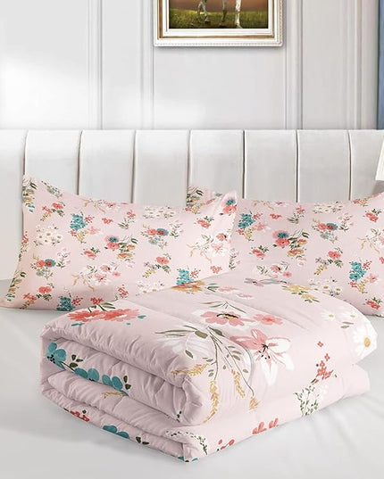 Floral Comforter Full Size,Pink Floral Kids Comforter Set,3Pcs Bedding Set Printed Comforter with 2 Pillowcases,Down Alternative,Soft and Lightweight,for All Seasons - LeafyLoom