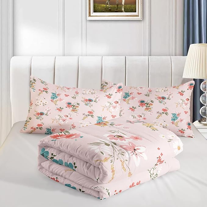 Floral Comforter Full Size,Pink Floral Kids Comforter Set,3Pcs Bedding Set Printed Comforter with 2 Pillowcases,Down Alternative,Soft and Lightweight,for All Seasons - LeafyLoom