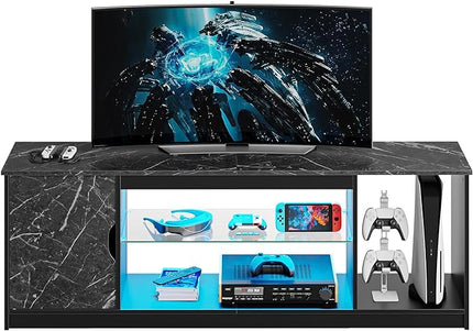 Bestier LED TV Stand for 55/60/65 Inch TV, Gaming Entertainment Center with Cabinet for PS5, Modern TV Cabinet with Adjustable Glass Shelves for Living Room, Bedroom 58 Inch,Black Marble - LeafyLoom