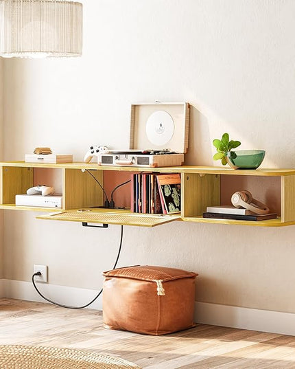 HOOBRO Floating TV Stand for TV up to 75 inches, Wall-Mounted TV Cabinet with 4 Power Outlet, Floating Entertainment Center TV Media Console Shelves with Rattan Flip-Down-Door, Natural NL160UDS01 - LeafyLoom