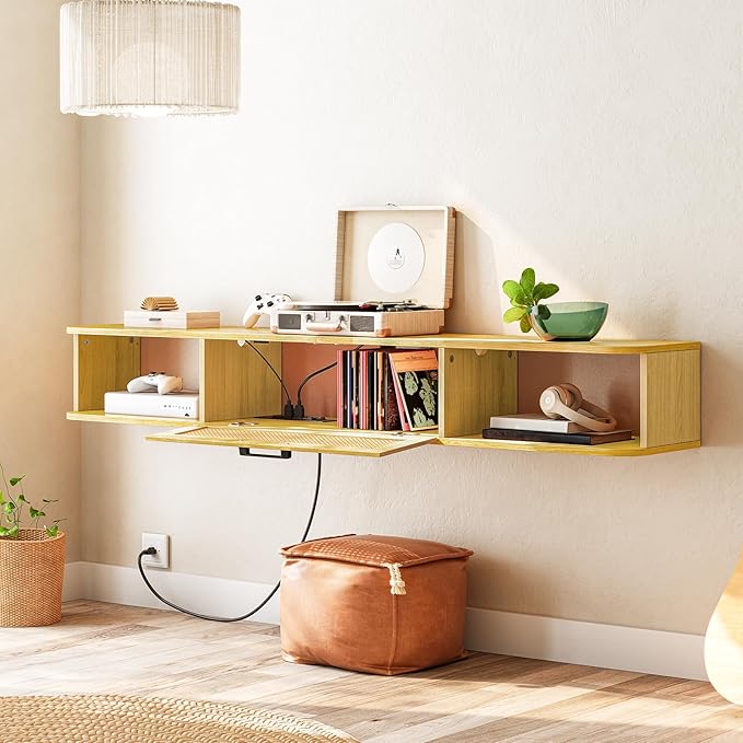 HOOBRO Floating TV Stand for TV up to 75 inches, Wall-Mounted TV Cabinet with 4 Power Outlet, Floating Entertainment Center TV Media Console Shelves with Rattan Flip-Down-Door, Natural NL160UDS01 - LeafyLoom