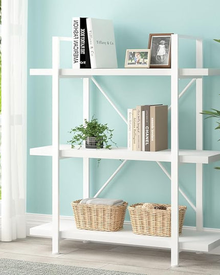 HSH 3 Tier White Bookshelf, Modern Small 3 Shelf Bookcase, Industrial Metal Wood Storage Shelves and Display Book Rack, Farmhouse Open Low Book shelf for Bedroom Living Room Office, White Oak - LeafyLoom