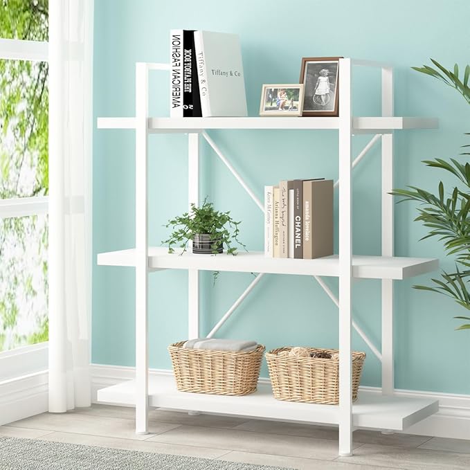 HSH 3 Tier White Bookshelf, Modern Small 3 Shelf Bookcase, Industrial Metal Wood Storage Shelves and Display Book Rack, Farmhouse Open Low Book shelf for Bedroom Living Room Office, White Oak - LeafyLoom