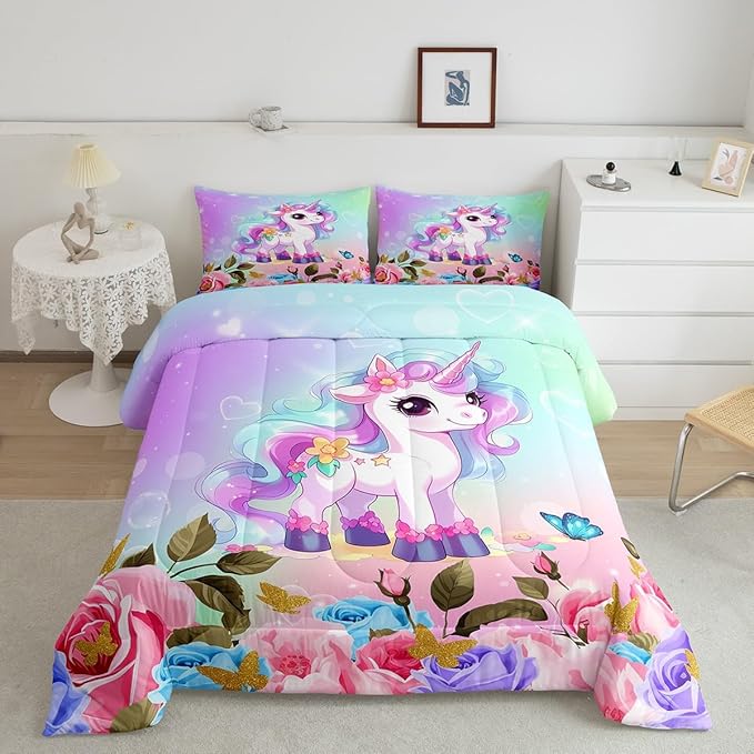 Cartoon Unicorn Kids Comforter Set King Size,Rose Flowers Butterfly Leaves Bedding Set,Girls Women Room Decor,Starry Sky Unicorn Cute Down Comforter,Pink Purple Romantic Duvet Insert,2 Pillowcases - LeafyLoom