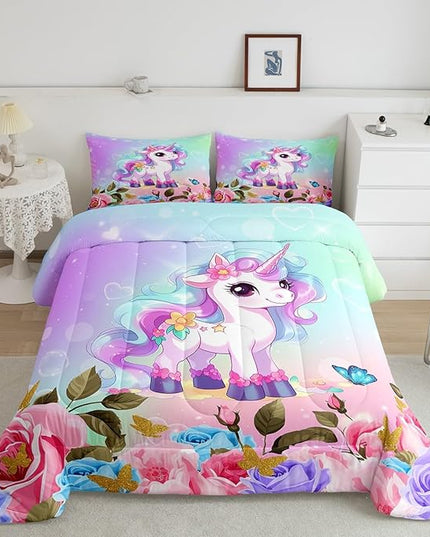 Cartoon Unicorn Kids Comforter Set Queen Size,Rose Flowers Butterfly Leaves Bedding Set,Girls Women Room Decor,Starry Sky Unicorn Cute Down Comforter,Pink Purple Romantic Duvet Insert,2 Pillowcases - LeafyLoom