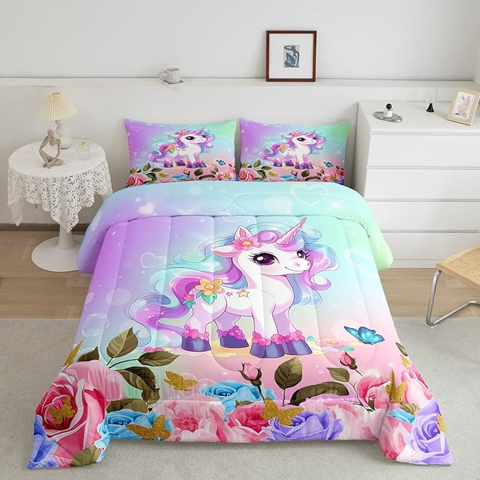 Cartoon Unicorn Kids Comforter Set Queen Size,Rose Flowers Butterfly Leaves Bedding Set,Girls Women Room Decor,Starry Sky Unicorn Cute Down Comforter,Pink Purple Romantic Duvet Insert,2 Pillowcases - LeafyLoom