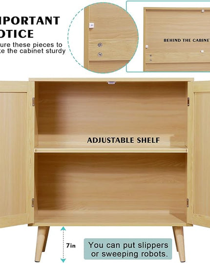 Sideboard Buffet Cabinet with Storage, Kitchen Storage Cabinet with Rattan Doors, Rattan Cabinet with Adjustable Shelves for Hallway, Living Room, 31.5 x 15.7 x 35 Natural, Assemble Easily - LeafyLoom