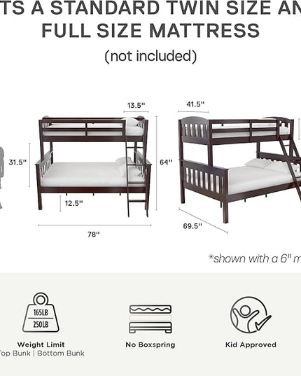 DHP Airlie Convertible Wood Bunk Bed, Stackable and Detachable Bed Frames for Kids and Teens, with Angled Ladder, High Guardrail, Wood Slats, No Boxspring Required, Twin-Over-Full, Espresso - LeafyLoom