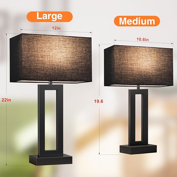 22" Tall Living Room Lamps for Night Stands - Touch Bedside Lamp with USB C+A, 3 Way Dimmable bedroom Lamps for End Tables Set of 2, Modern Night Stand Lamps for Bed Side(Black&Black) - LeafyLoom