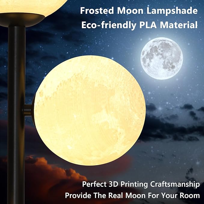 3 Globe Floor Lamps for Living Room, Black Standing Lamp with LED G9 Bulbs, Modern Floor Lamp with 3D Moon Printing Frosted Shades, 67" Corner Tall Lamp for Bedroom, Stand Up Lamp for Office Kids Room - LeafyLoom