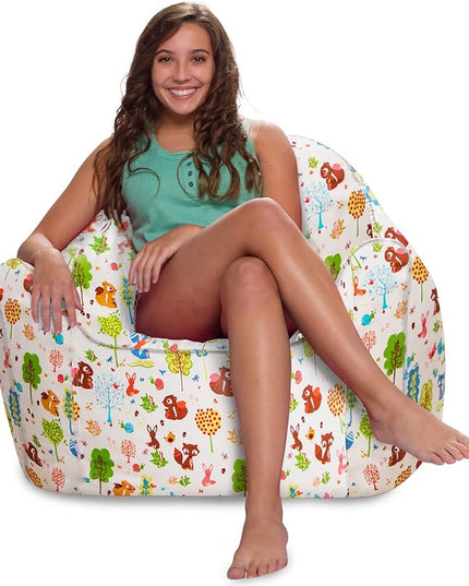 Posh Creations Structured Comfy Bean Bag Chair for Gaming, Reading, and Watching TV, Malibu Lounge, Canvas - Forest Critters on White - LeafyLoom