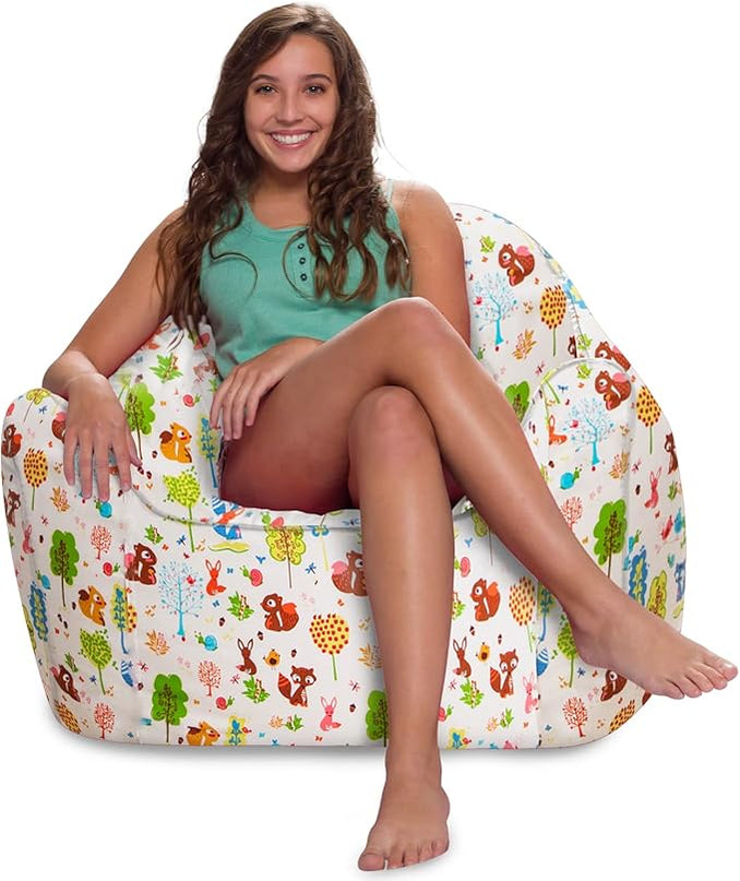 Posh Creations Structured Comfy Bean Bag Chair for Gaming, Reading, and Watching TV, Malibu Lounge, Canvas - Forest Critters on White - LeafyLoom