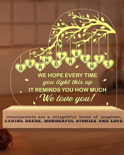 Grandparents 3D Illusion Lamp w/Wooden Base USB Powered, Acrylic Night Light, Grandma & Grandpa Gift from Grandchildrens, Grandparents Lamp Present, Gift for Birthday Fathers Day Mothers Day - LeafyLoom