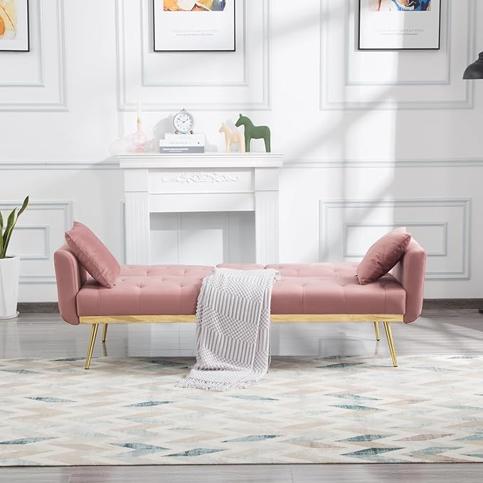Living Room Furniture Sets 72.4" Mid-Century Modern Tufted Loveseat Sofa with Cup Holder/2 Pillows/Adjusting Backrest Small Comfy Couch for Bedroom, Apartment,Home Office, Sofá, Pink-1 - LeafyLoom
