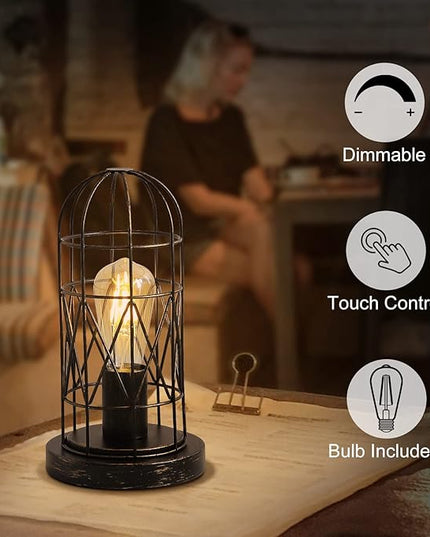 Industrial Table Lamp, Small Touch Lamp with Rustic Cage Vintage Bedside Lamp 3 Way Dimmable Nightstand Lamp Edison Desk Lamp for Bedroom, Living Room, Hallway, Entryway, Kitchen, 4W LED Bulb Included - LeafyLoom